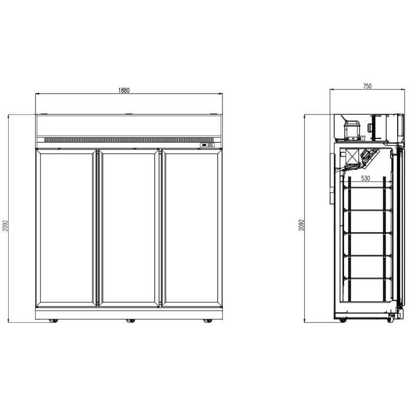 COMBISTEEL - Congélateur 3 portes en verre noir 1480 l