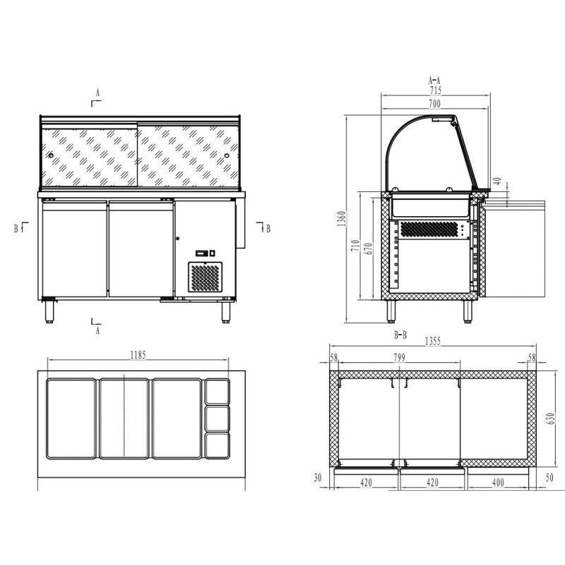 COMBISTEEL - Table réfrigérée avec verre 2 portes 3x gn 1/1 + 3x gn 1/6