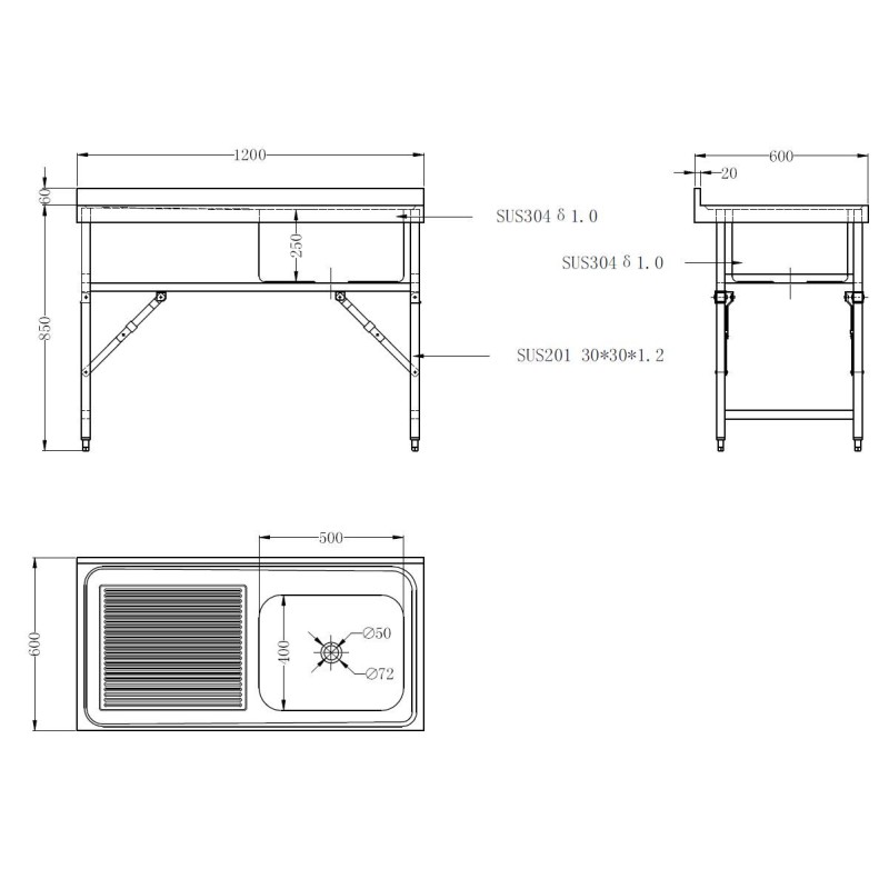 COMBISTEEL - 600 bloc-évier étagère pliante 1200 1r