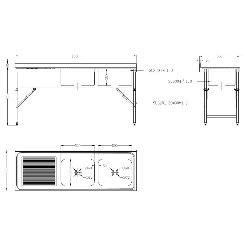 COMBISTEEL - 600 bloc-évier étagère pliante 1800 2r