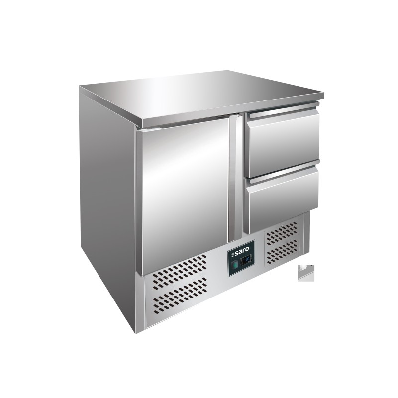 ShopDesChefs - Table réfrigérée  avec porte et tiroirs, modèle VIVIA S 901 avec dessus en acier inoxydable - 2x 1/2 GN