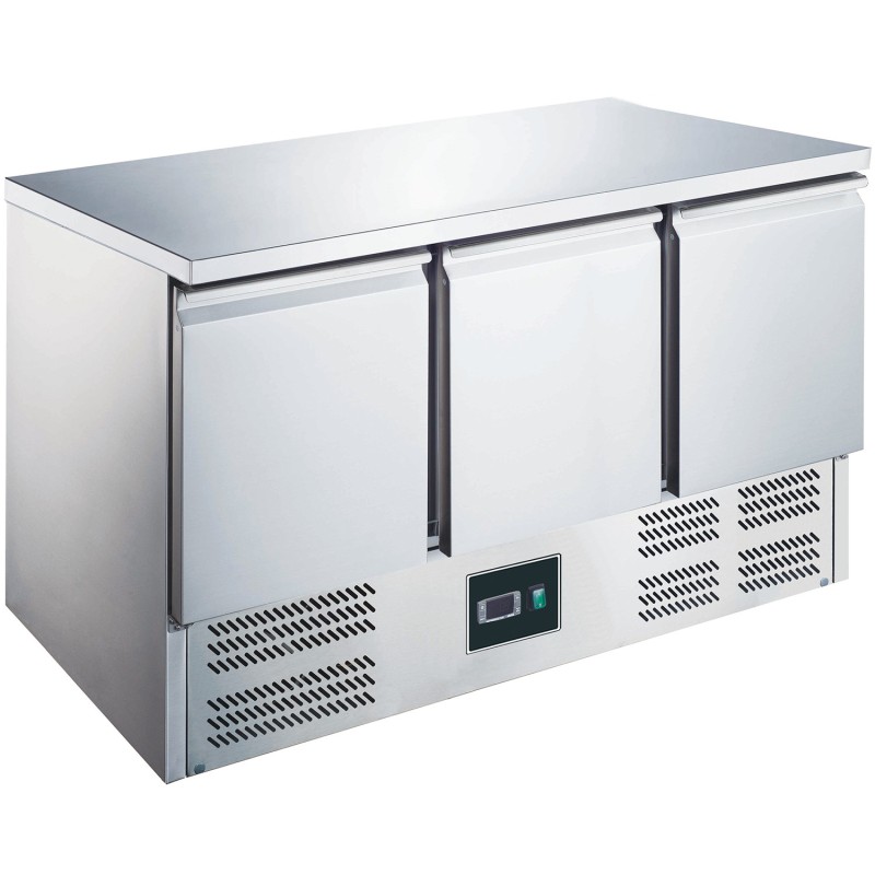 ShopDesChefs - Table réfrigérée  avec 3 portes, modèle ES 903 avec dessus en acier inoxydable