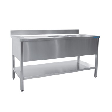 Évier Inox - 1600x700x850mm - 2 Bacs Droite - Étagère - Dosseret - ShopDesChefs