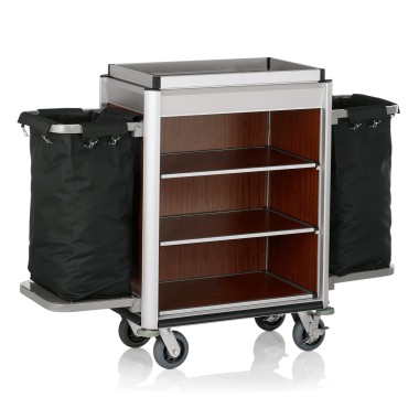 WAS - Chariot de service de chambre alu/bois 2 sacs