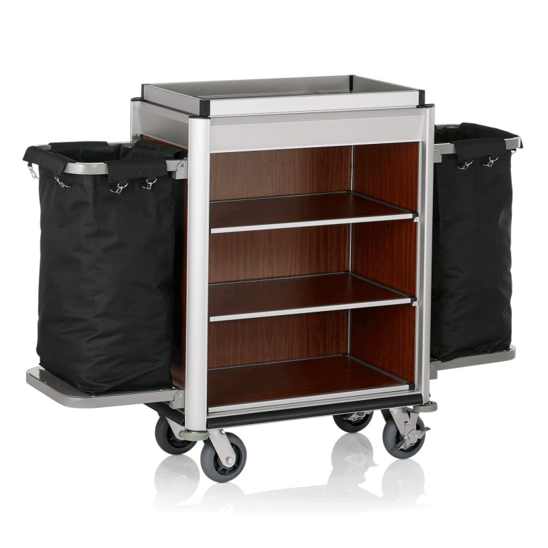 WAS - Chariot de service de chambre alu/bois 2 sacs