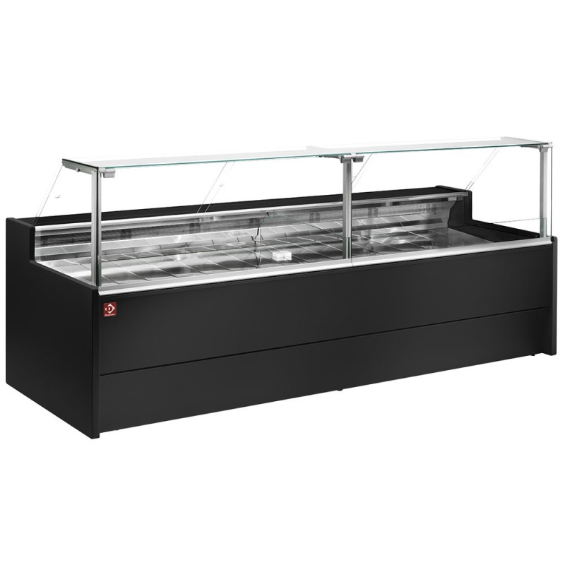 Diamond - Comptoir vitrine réfrigéré à vitre droite 90° sur pistons, ventilé, avec réserve - NOIR - VZ15/B5-VR2