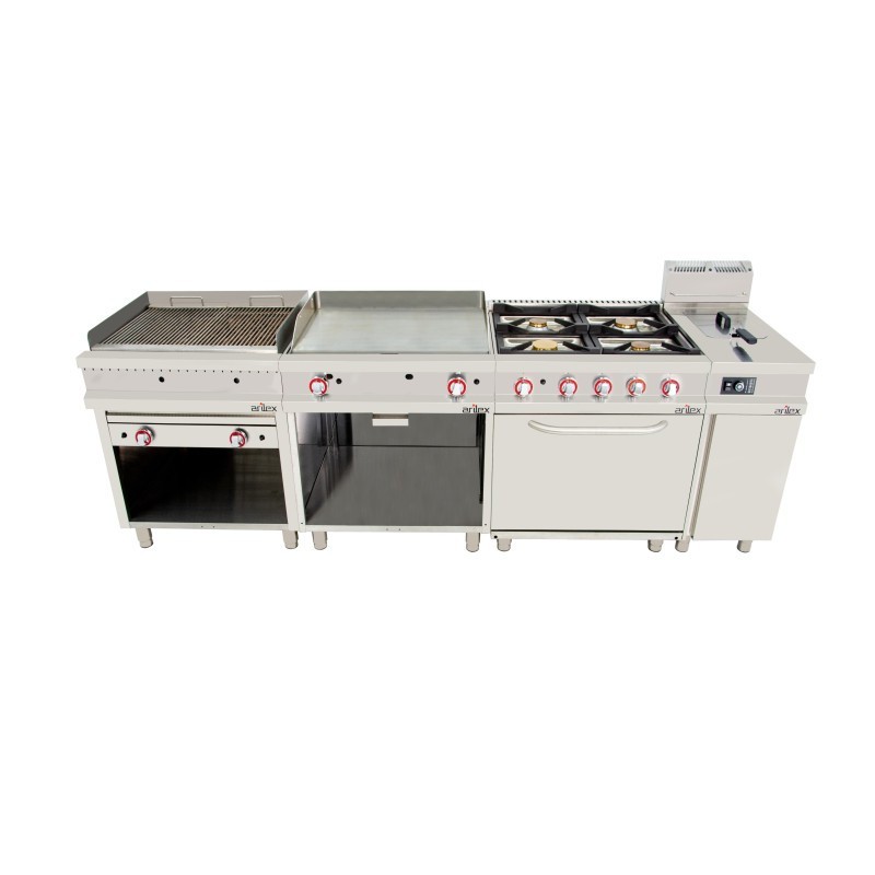 Cuisine à gaz 4 foyers avec pilote de 2x7,5 + 2x5,5 kW avec four GN2/1 thermostatique de 7,5 kW 80CG70H EASY 700. - 80CG70H