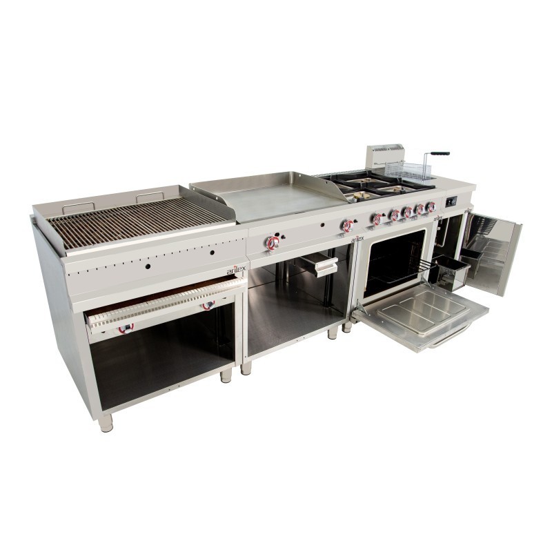 Cuisine à gaz 4 foyers avec pilote de 2x7,5 + 2x5,5 kW avec four GN2/1 thermostatique de 7,5 kW 80CG70H EASY 700. - 80CG70H