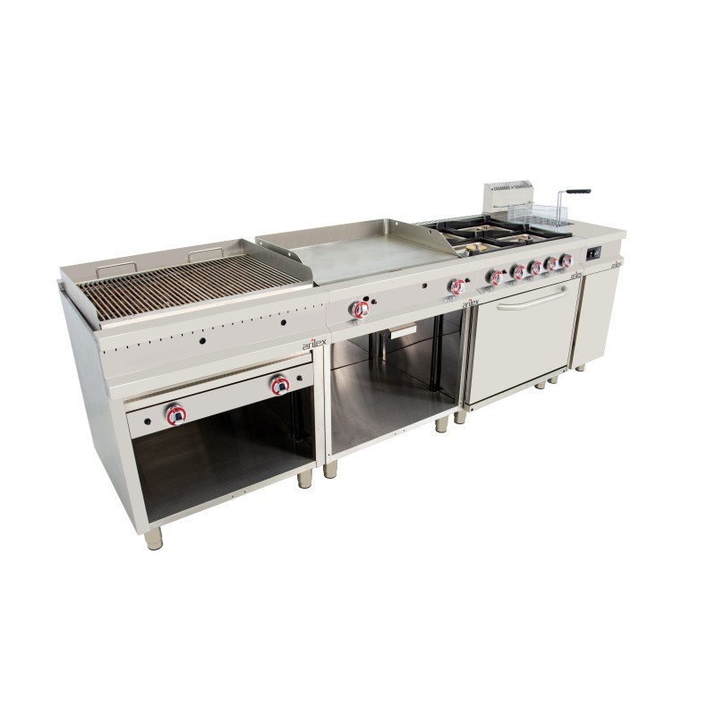 Cuisine à gaz 4 foyers avec pilote de 2x7,5 + 2x5,5 kW avec four GN2/1 thermostatique de 7,5 kW 80CG70H EASY 700. - 80CG70H