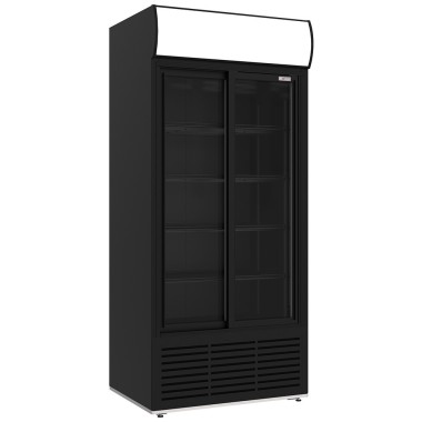 Vitrine ventilée positive, 783 litres, 2 portes coulissantes, avec caisson lumineux, NOIRE - Diverso