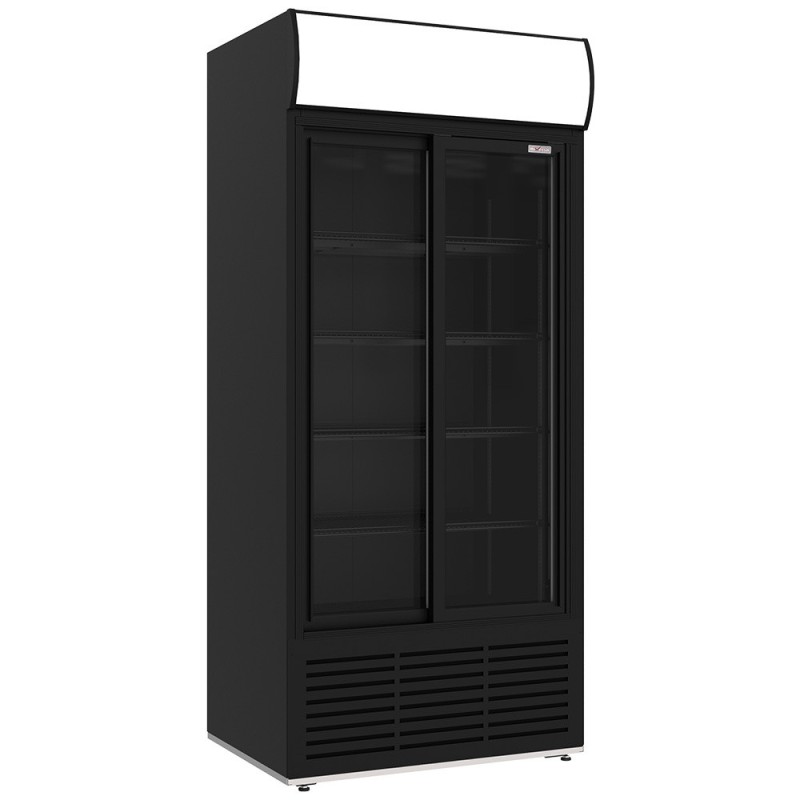 Vitrine ventilée positive, 783 litres, 2 portes coulissantes, avec caisson lumineux, NOIRE - Diverso