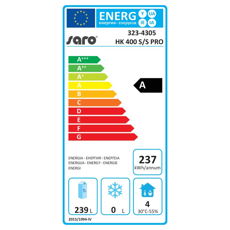Réfrigérateur professionnel 361 litres avec refroidissement ventilé porte verrouillable éco A - Saro