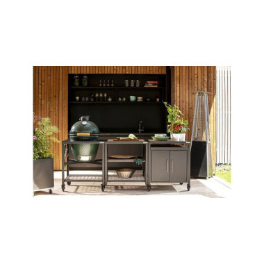 Pack LARGE Big Green Egg : Station de cuisson extérieure modulaire et mobile avec table et meubles en acacia, ConvEGGtor et plus