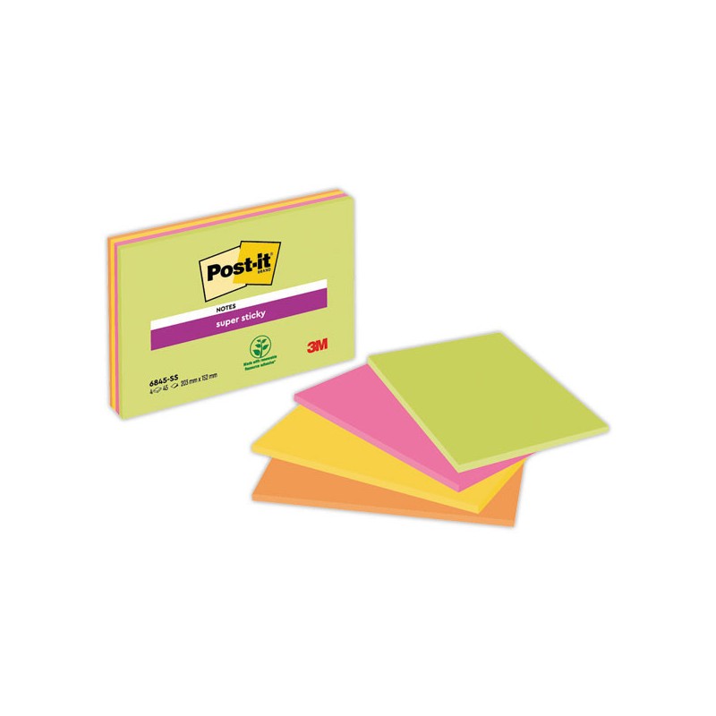 Notes repositonnables Super sticky 20x14,9 cm - assortis  x4 - Fiducial