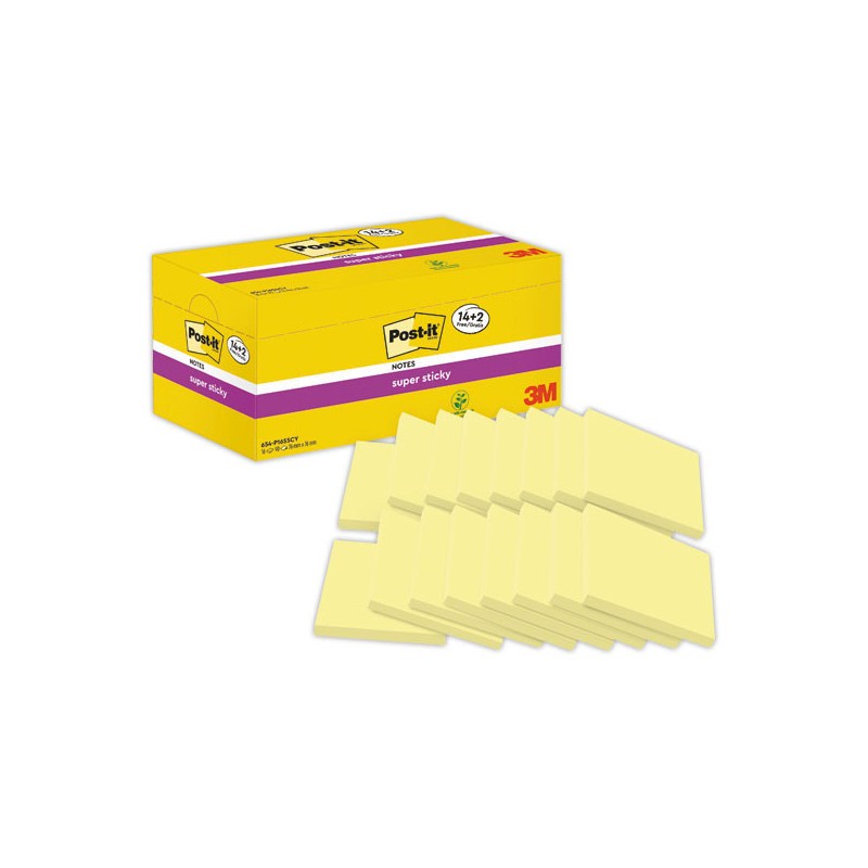 16 notes repositonnables Super Sticky 76x76 mm jaune - 2 offerts  x16 - Fiducial