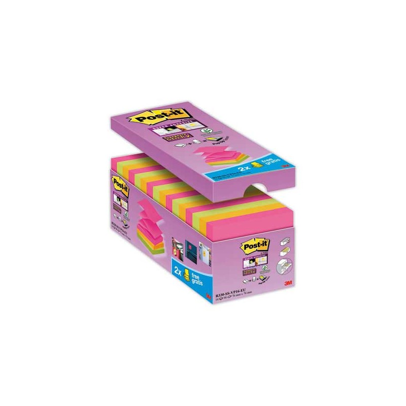 Notes repositionnables ZNotes Super Sticky 76x76 mm Assortis  x16 - Fiducial