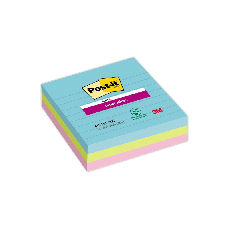 Blocs Notes repositionnables Super Sticky 10,1x10,1cm, lignés 90 f.  x3 - Fiducial
