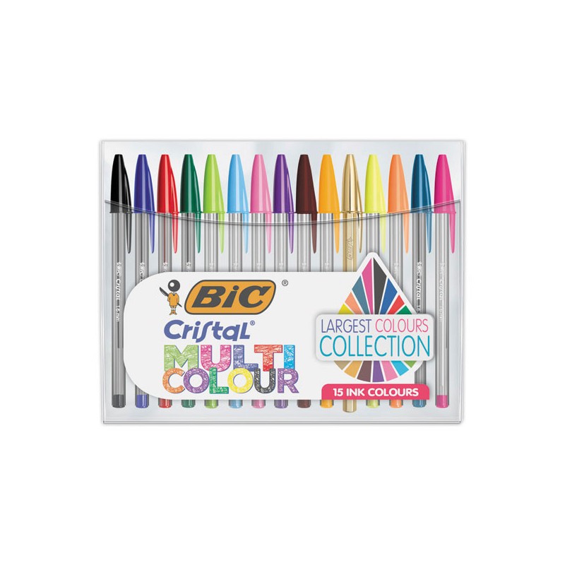 Stylos bille BIC Cristal transparent - 1,6mm - Assortis multicolores  x15 - Fiducial