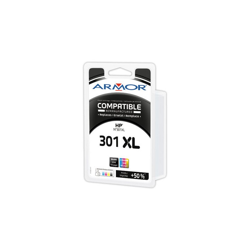 Cartouche d'encre ARMOR noire et 3 couleurs compatible HP 301XL  x2 - Fiducial