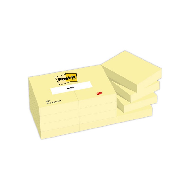 Notes repositonnables Post It 38 x 51mm, jaune pastel  x12 - Fiducial