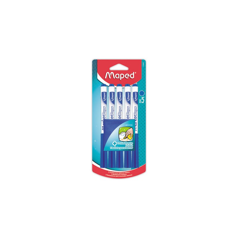 feutres effaçables à sec MARKER'PEPS bleus + 1 chiffonnette  x5 - Fiducial