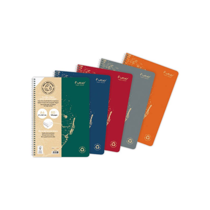 Cahier recyclé à spirales pages A4 ligné.  - Fiducial