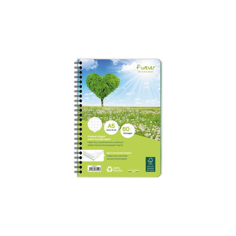 Cahier recyclé à spirales pages A5 5x5.  - Fiducial