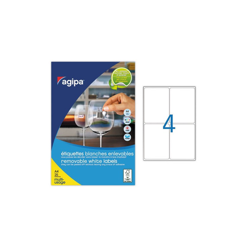 Planches d'étiquettes enlevables laser99,1x139 mm 100 étiq/boîte  x25 - Fiducial
