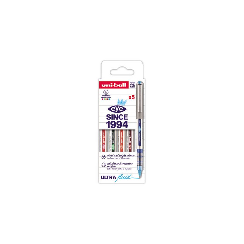 Rollers pointe métal UNI-BALL Eye 157-Ecriture moyenne en pochette  x5 - Fiducial