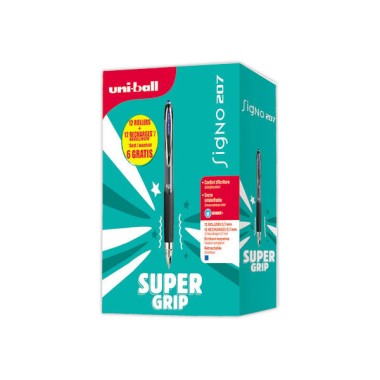 Rollers uni-ball SIGNO 207 + 12 recharges dont 6 gratuites. Bleu  - Fiducial