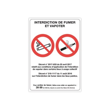 Plaque de signalisation "Interdiciton de fumer et vapoter"  - Fiducial