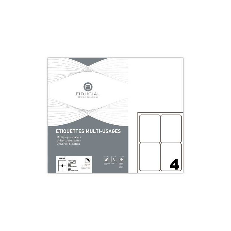 Planches d'étiquettes FIDUCIAL coins ronds 99,1 x139 mm 400 étiq/boîte  x100 - Fiducial