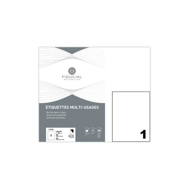 Planches d'étiquettes FIDUCIAL coins carrés 210x297 mm 100 étiq/boîte  x100 - Fiducial