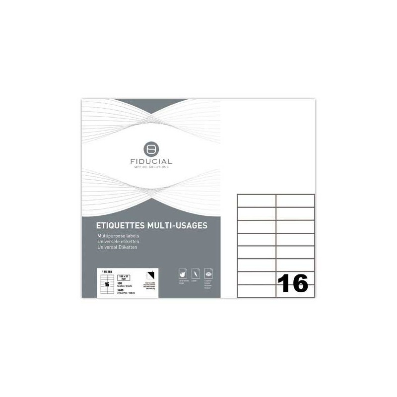 Planches d'étiquettes FIDUCIAL coins carrés 105x37 mm 1600 étiq/boîte  x100 - Fiducial