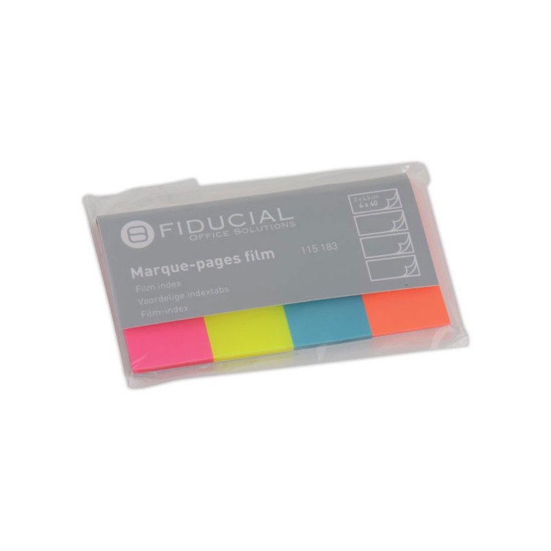 Marque-pages Fiducial film 2x4,5 cm - 4 couleurs vives  - Fiducial