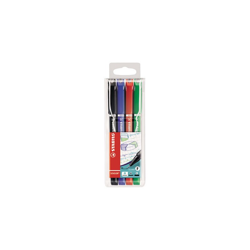 Stylos-feutres STABILO SENSOR F - noir+ bleu + rouge + vert  x4 - Fiducial