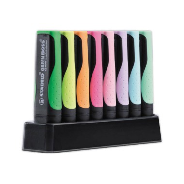Surligneurs STABILO Green Boss + support de bureau  x8 - Fiducial