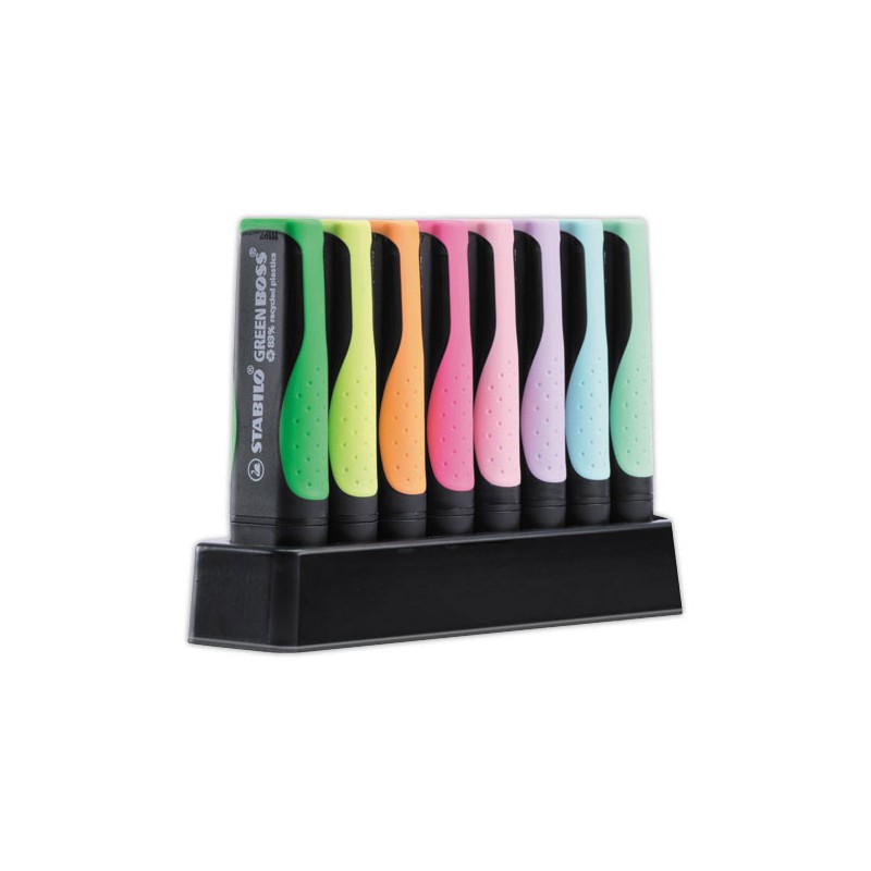 Surligneurs STABILO Green Boss + support de bureau  x8 - Fiducial