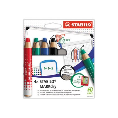 Crayons marqueurs STABILO Mark Dry 3en1 + 1 taille crayon + chiffon  x4 - Fiducial