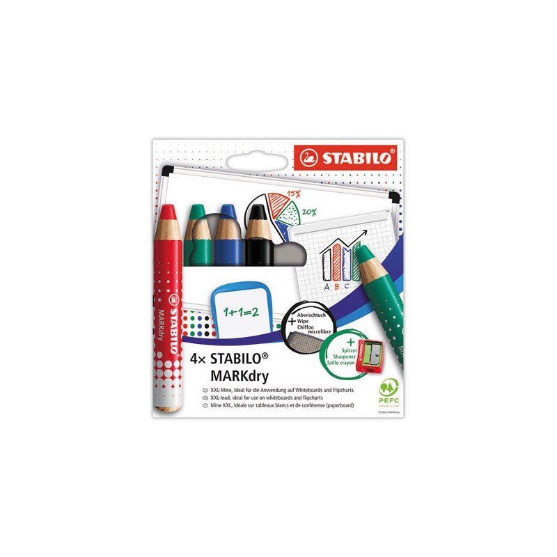 Crayons marqueurs STABILO Mark Dry 3en1 + 1 taille crayon + chiffon  x4 - Fiducial