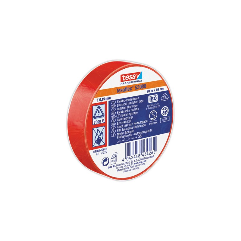 Ruban d'isolation PVC souple 20m X 19mm rouge  - Fiducial