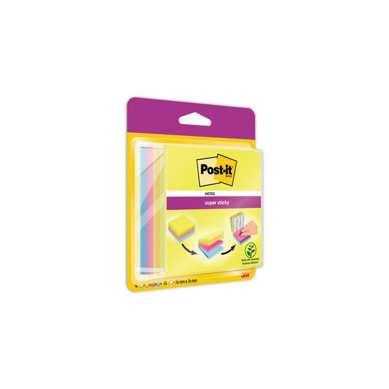 Bloc cube Super Sticky Post-it® 4 Couleurs Easy Select, 76x76mm  - Fiducial