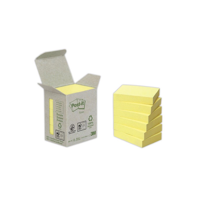 Notes repositionnables recyclées Post It 38x51 mm, jaune pastel  x6 - Fiducial