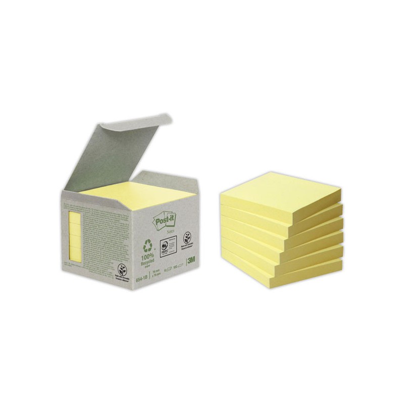 Notes repositionnables recyclées Post It 76x76 mm 100F jaune  x6 - Fiducial