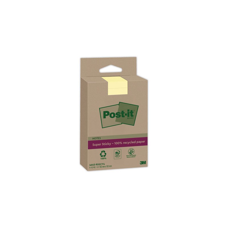 Notes grand format Super Sticky 102x152mm 4x45 feuilles - jaune  - Fiducial