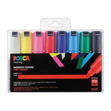Marqueurs peinture UNI BALL Posca PC8K - Pointe biseau - Assortis  x8 - Fiducial