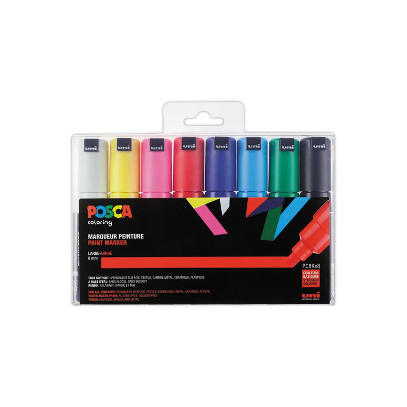 Marqueurs peinture UNI BALL Posca PC8K - Pointe biseau - Assortis  x8 - Fiducial