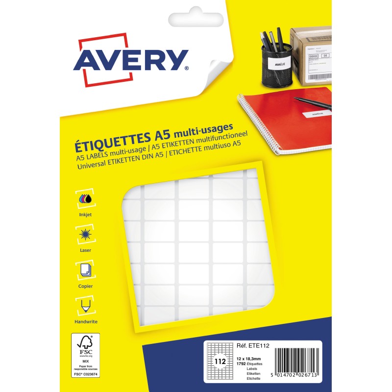 1792 étiquettes multi, usages AVERY 12x18,3 mm, blanc  - Fiducial