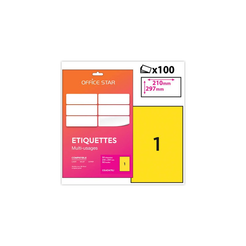 étiquettes L210xH297 mm Office Star jaunes  - Fiducial