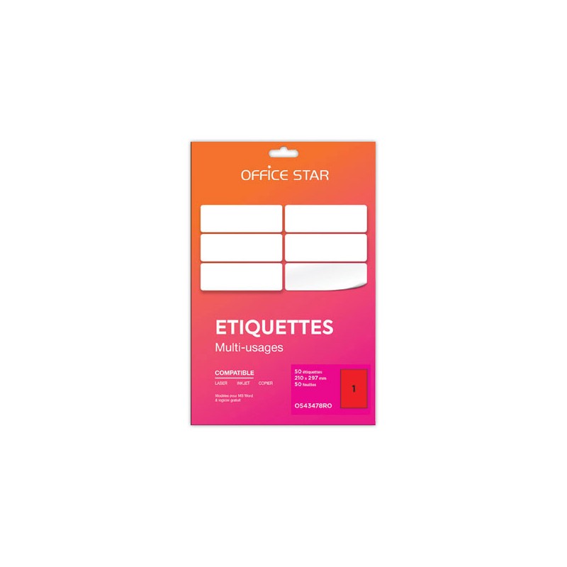 planches étiquettes L210xH297mm, 50 étiq/ boîte, rouge  - Fiducial